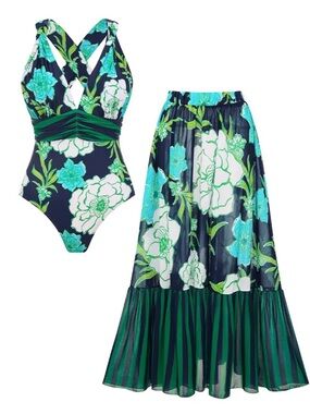 NWT Flaxmaker Swim women’s and Green Floral One-Piece Swimsuit and skirt, small.